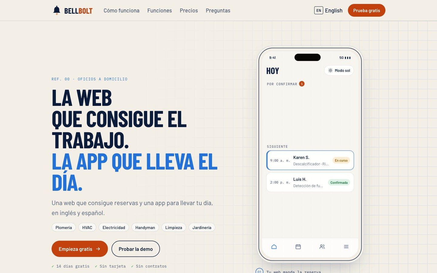 Landing de Bellbolt con la app de trabajos en un teléfono