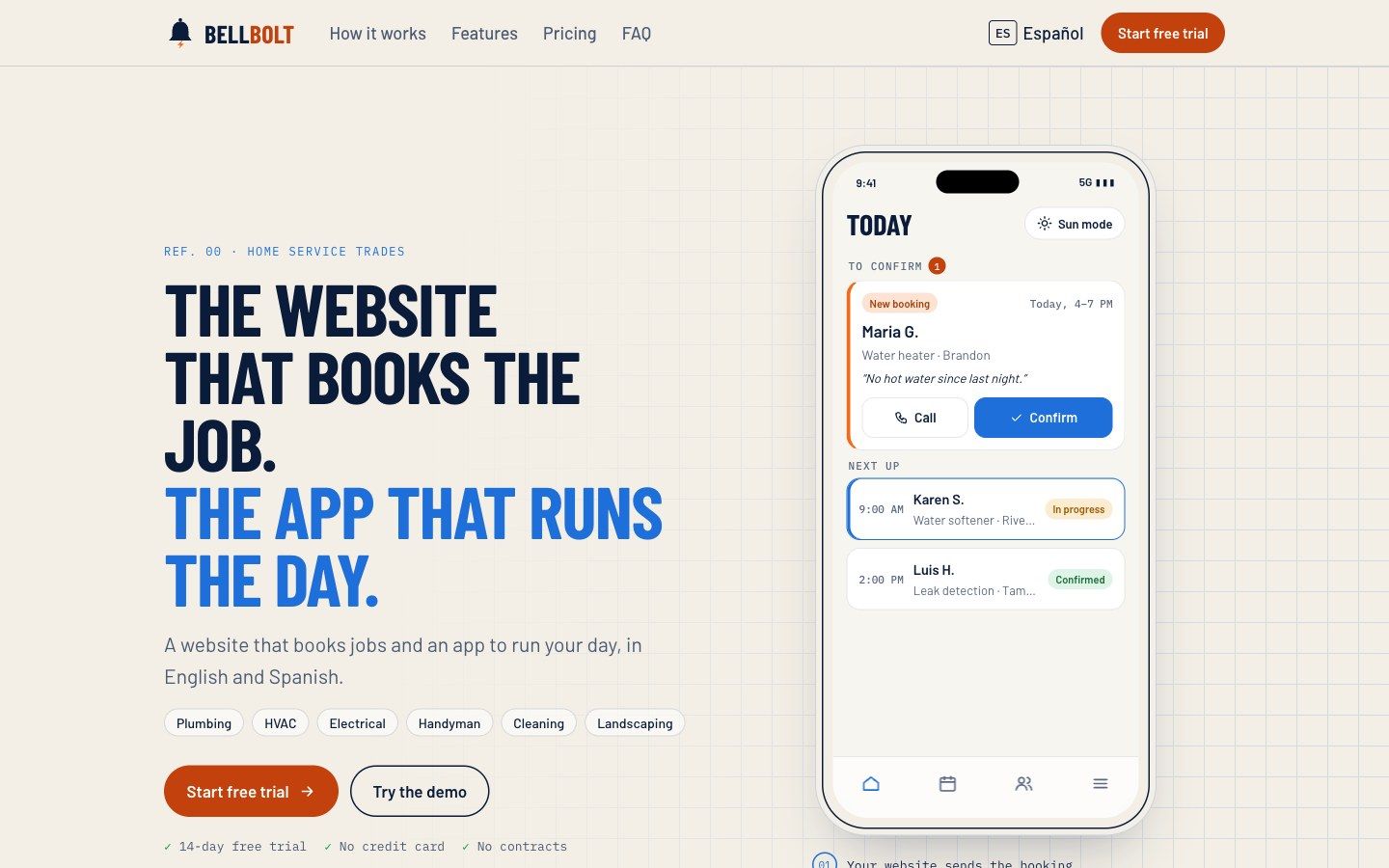 Bellbolt landing page with the job app on a phone