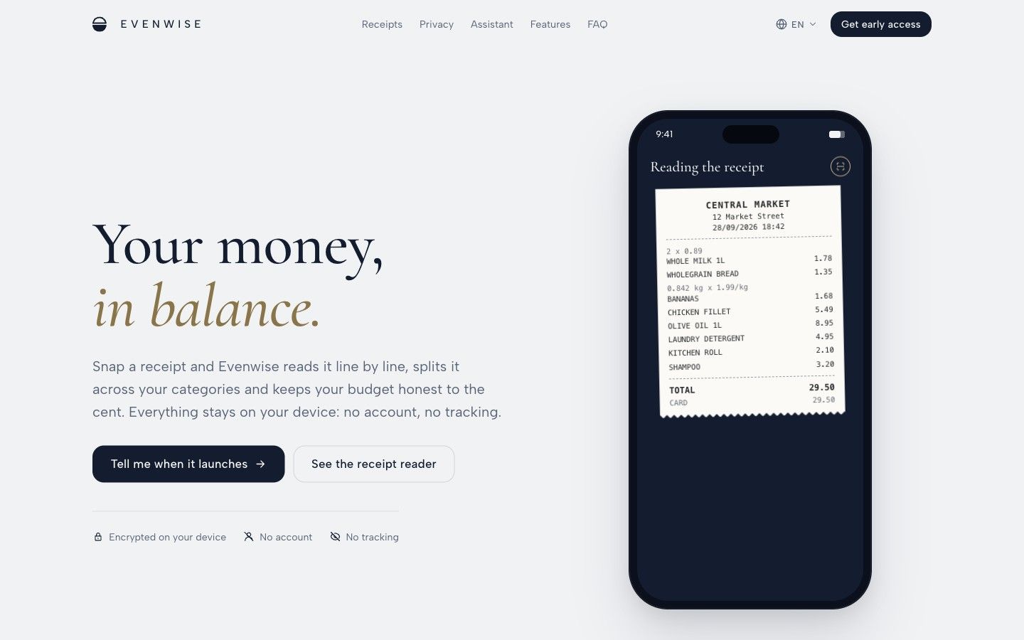 Evenwise landing page with a phone reading a receipt