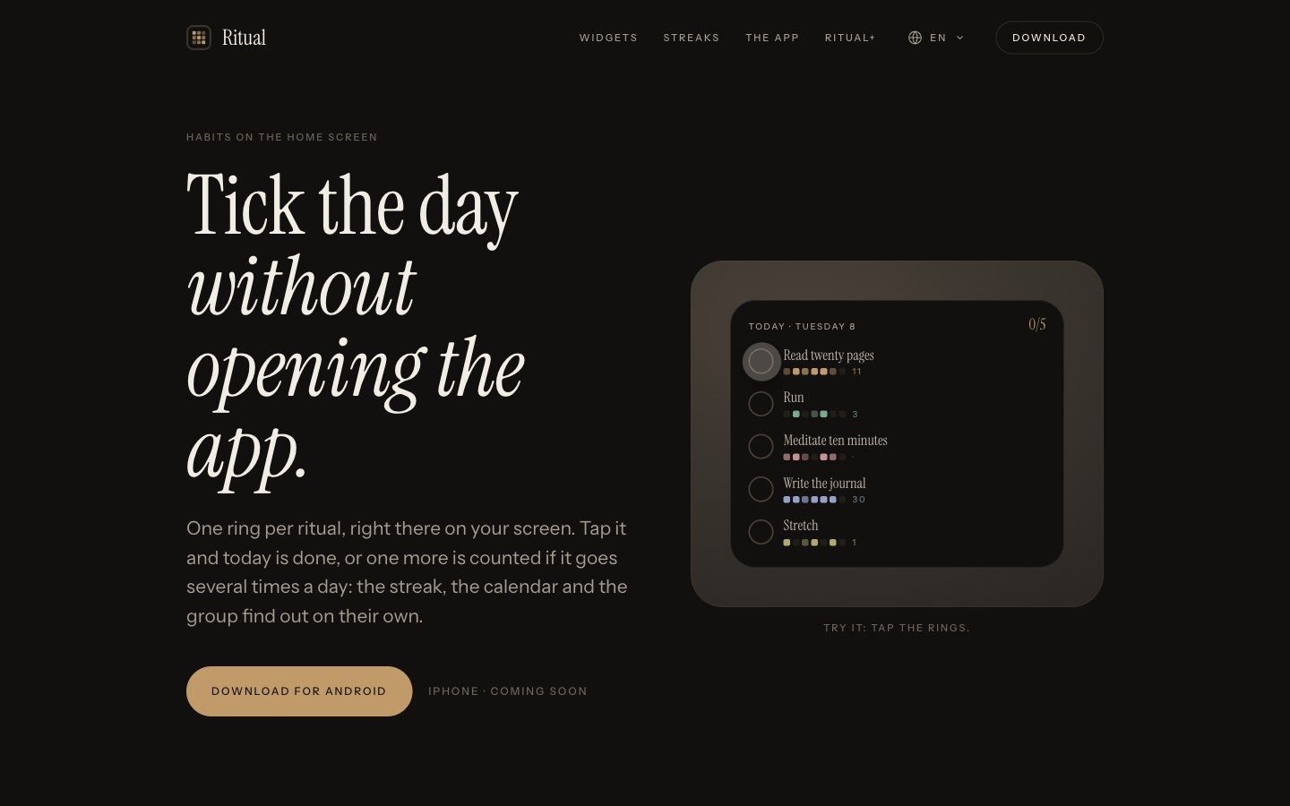 Ritual landing page with an interactive habit widget