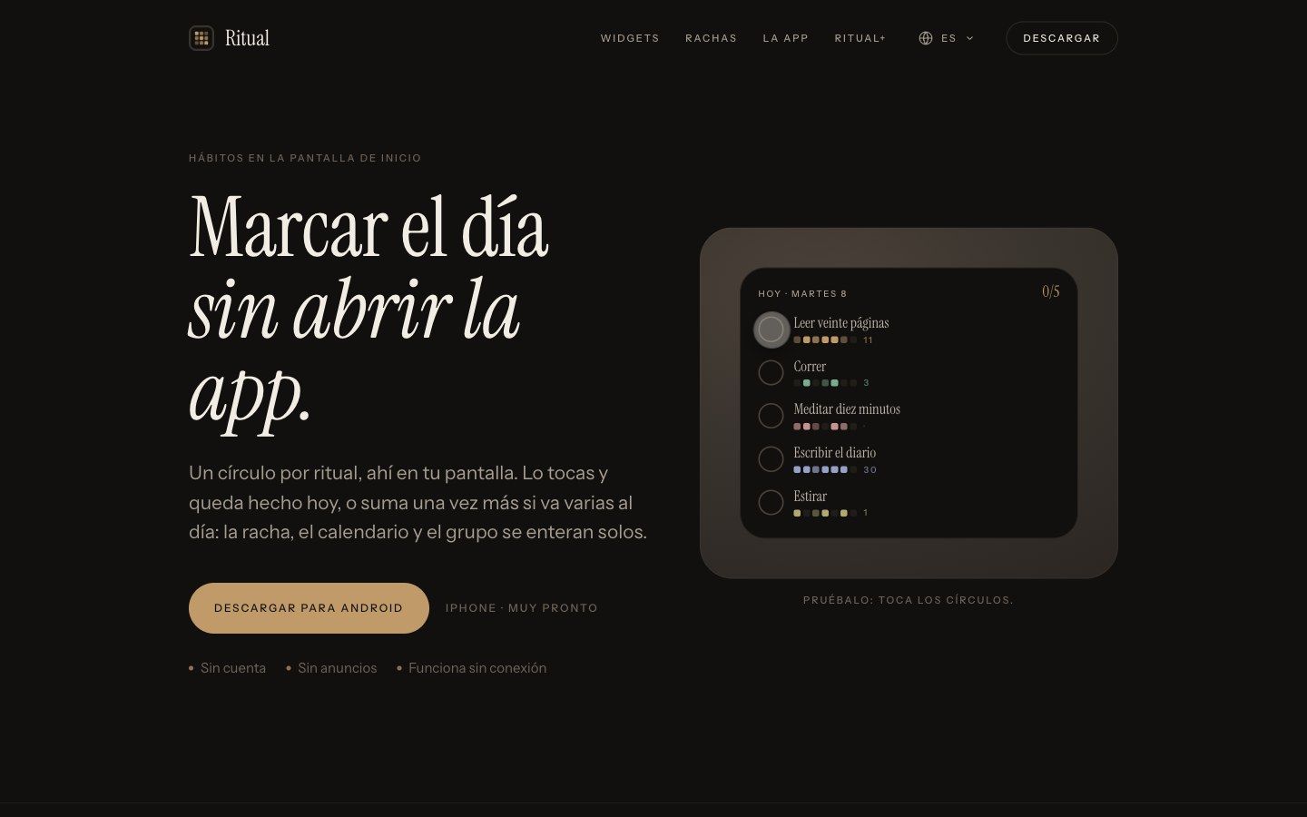 Landing de Ritual con un widget de hábitos interactivo